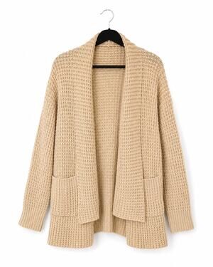 POL Women’s Chunky Knit Open Front Cardigan Sweater Beige Size Large L Pockets